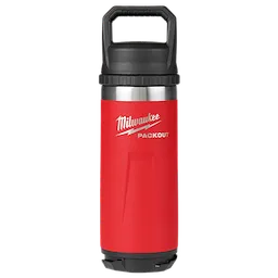 Red 18oz insulated PACKOUT bottle with chug lid, featuring a black handle and the Milwaukee logo.