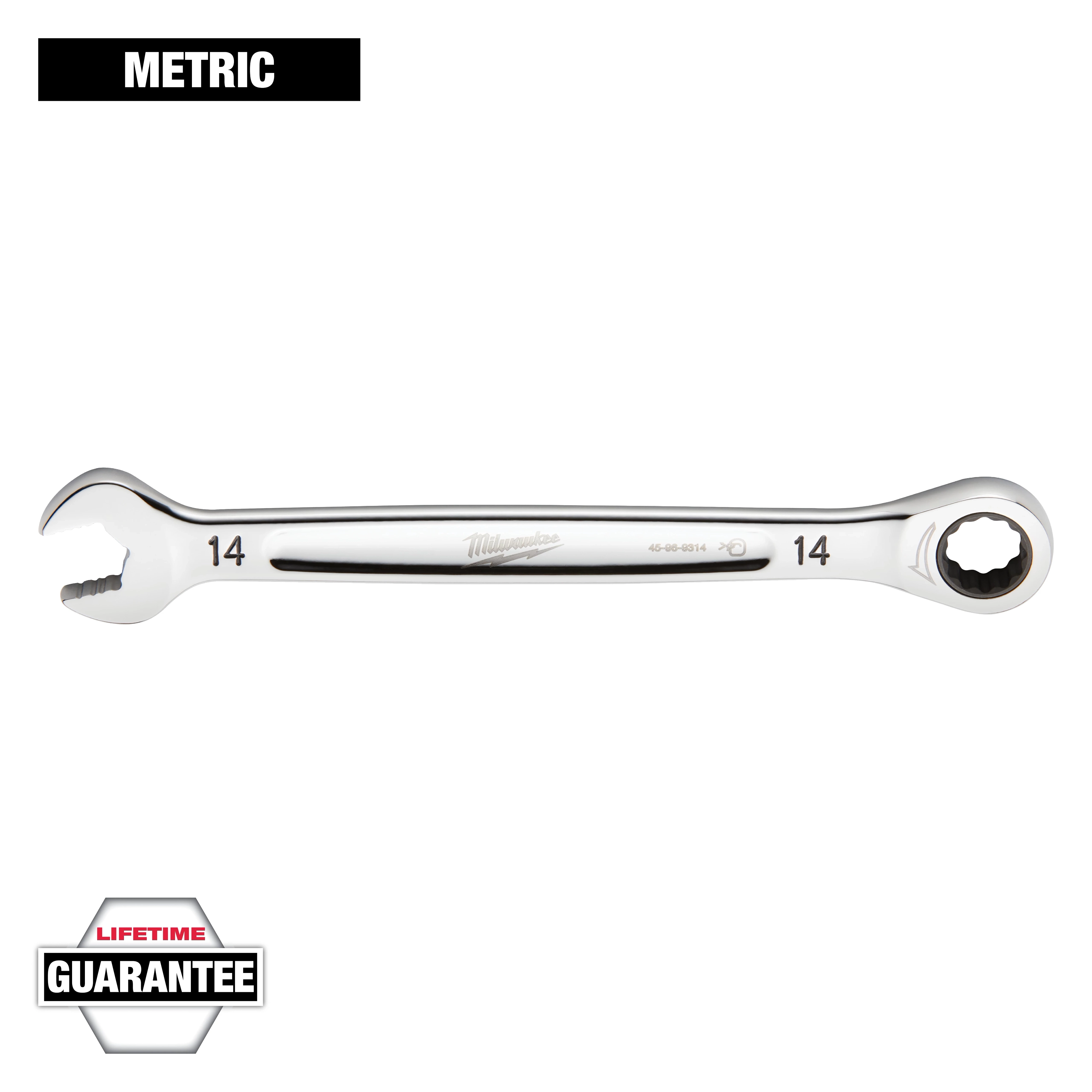 A 14 mm Milwaukee metric wrench with one open-end and one closed-end, featuring the brand's name in the center. The wrench comes with a lifetime guarantee, as indicated by a hexagon-shaped logo in the bottom left corner of the image.