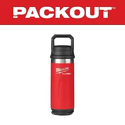 The Primary%20Image shows a red and stainless steel Milwaukee PACKOUT insulated bottle with a black handle and lid.