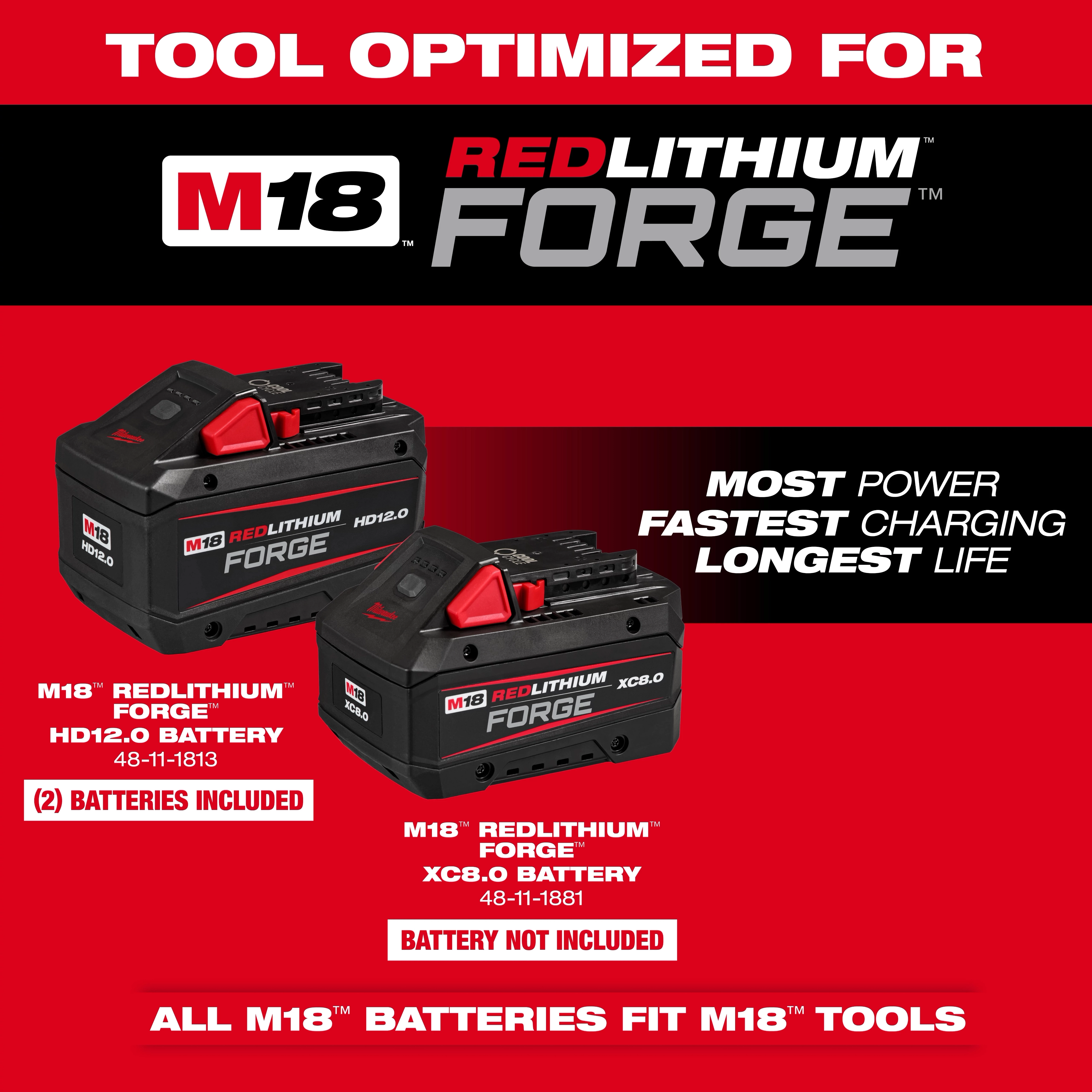 Outdoor Power Equipment FORGE Optimized For M18 RedLithium batteries. Includes two HD12.0 batteries (48-11-1813) and one XC8.0 battery (48-11-1831) without battery. Offers most power, fastest charging, longest life. All M18 batteries fit M18 tools. Red background with black and white text.