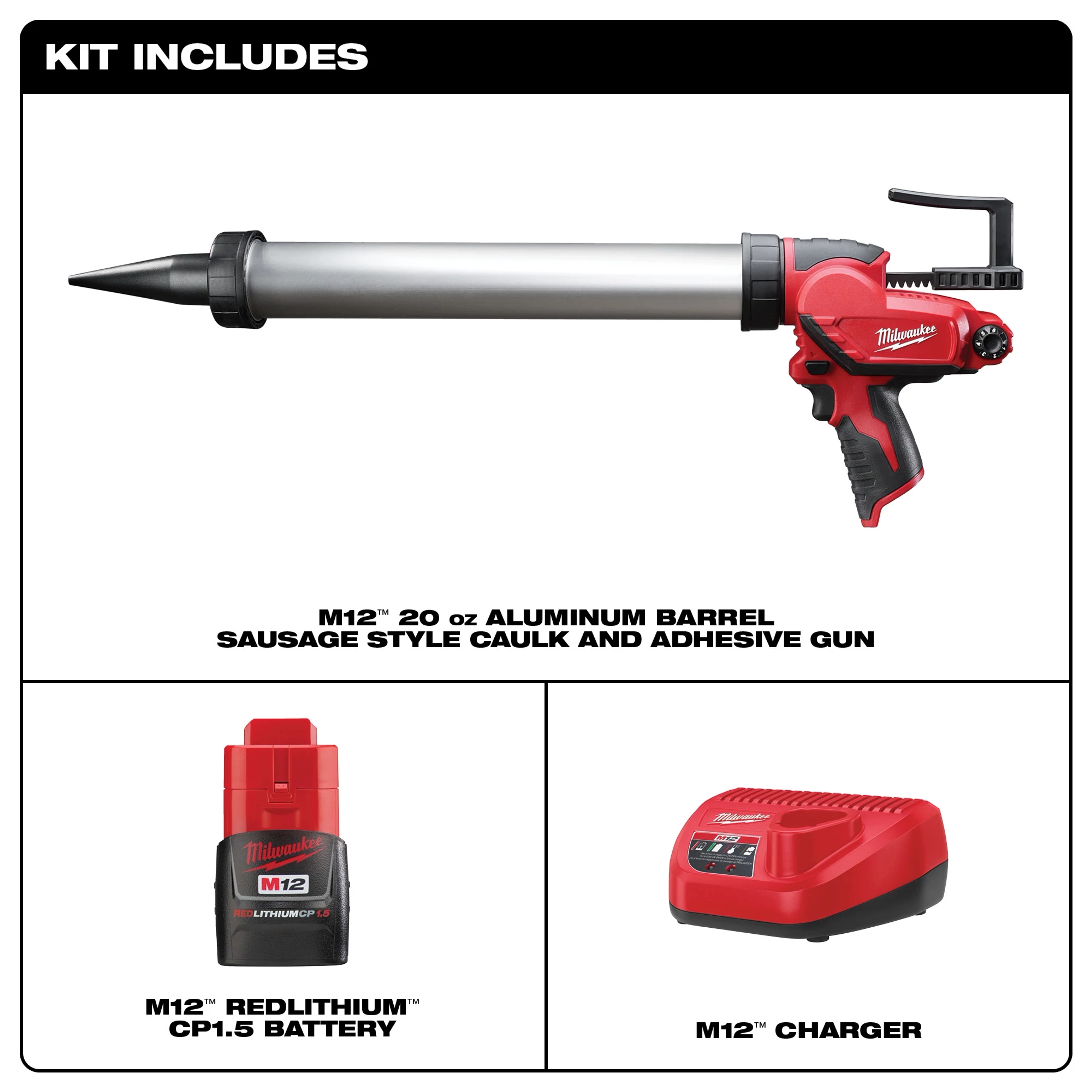 M12 12-Volt Lithium-ion Cordless 20 oz. Aluminum Barrel Caulk and Adhesive Gun Kit with(1) 1.5Ah Battery & Charger