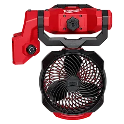 M18 Brushless Scissor Lift Fan with adjustable airflow direction, featuring a circular fan and control knob.