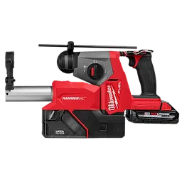 Milwaukee M18 FUEL 5/8" SDS Plus Rotary Hammer with Dust Extractor Kit. Red and black tool with HEPA filter and grip handle.