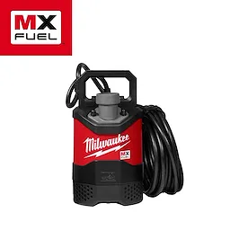 The image shows the MX FUEL™ 1HP 2" Submersible Pump by Milwaukee. The pump is predominantly red with black accents and features the Milwaukee logo. A lengthy black power cord is coiled beside it, and the MX FUEL™ logo is displayed in the top left corner.