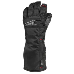 A black Milwaukee heated and insulated glove with a zipper and hexagonal pattern on the thumb.
