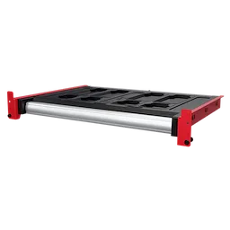 The PACKOUT™ Rack Drawer features a black drawer encased in a red frame. It has multiple small compartments on top for organizing tools and accessories. The drawer extends with a silver front panel and a sturdy design suitable for professional storage use.