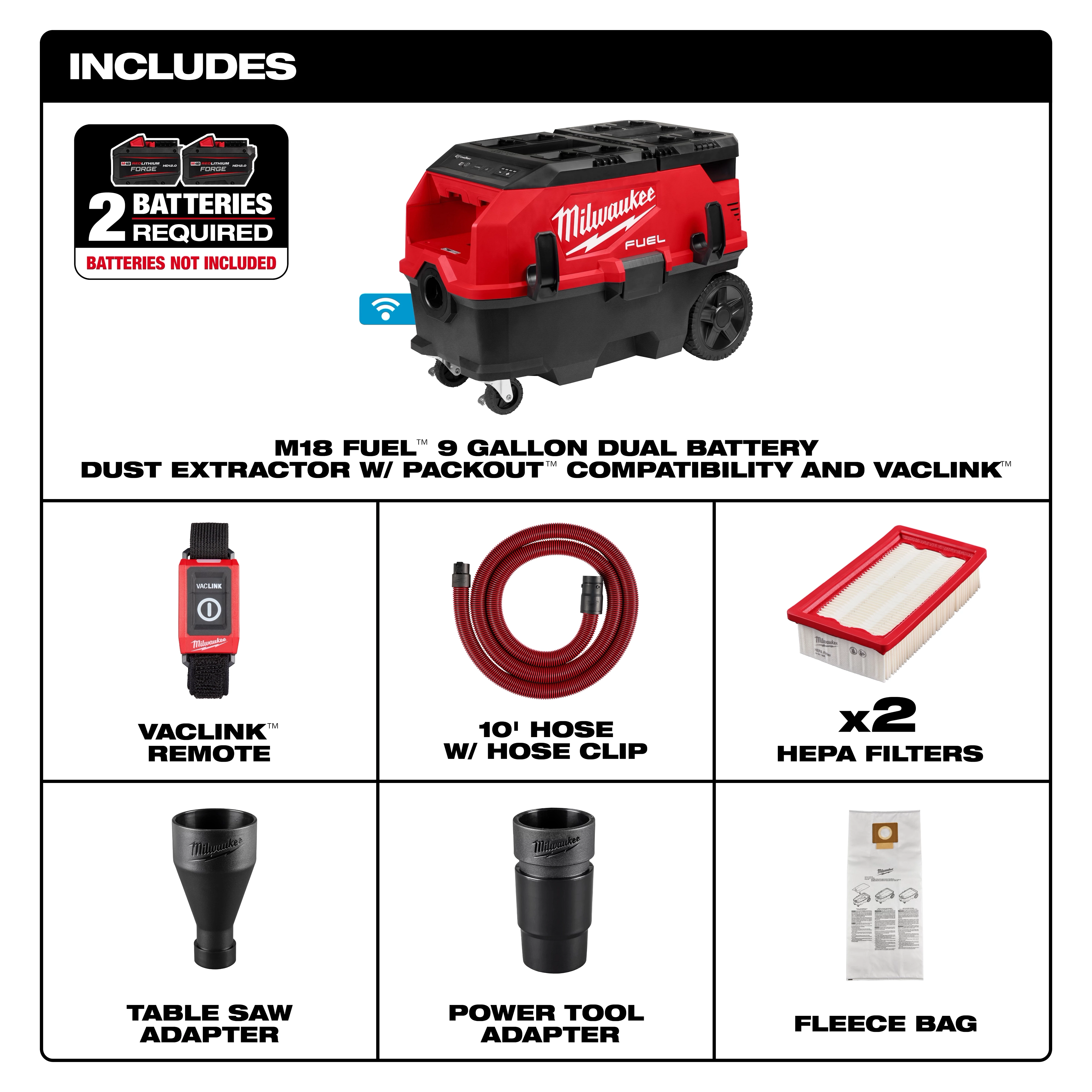 The image displays the contents of the M18 FUEL™ 9 Gallon Dual Battery Dust Extractor w/ PACKOUT™ Compatibility and VACLINK™. Included are the dust extractor, VACLINK™ remote, 10' hose, two HEPA filters, a table saw adapter, power tool adapter, and a fleece bag. Two batteries required, not included.