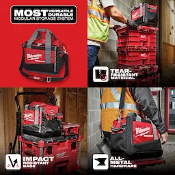 Milwaukee Packout modular storage system featuring a tear-resistant bag, an impact-resistant base, and all-metal hardware.