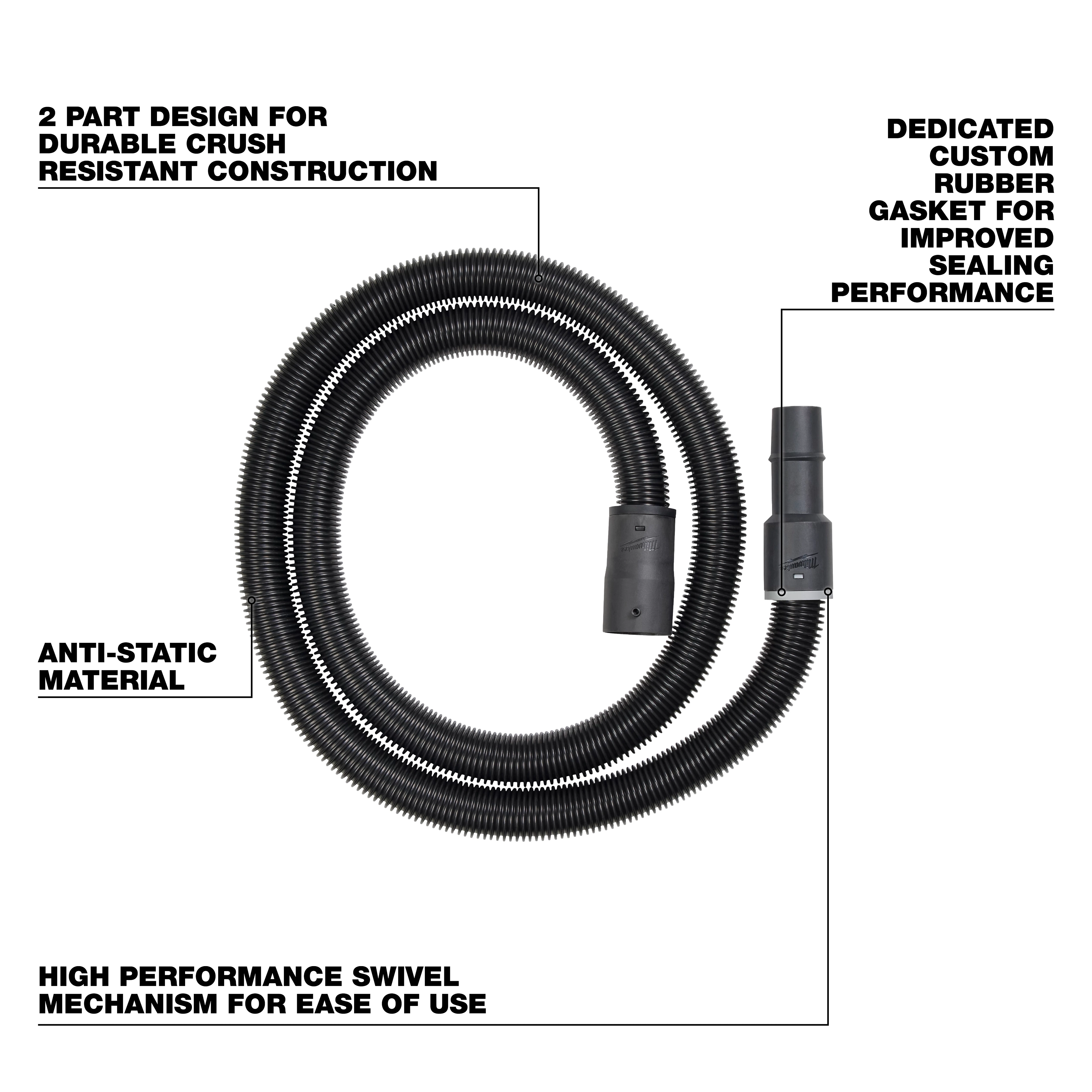 1-7/8" x 9' Flexible Hose features durable crush-resistant construction, anti-static material, and a high-performance swivel mechanism. The hose includes a custom rubber gasket for improved sealing performance.
