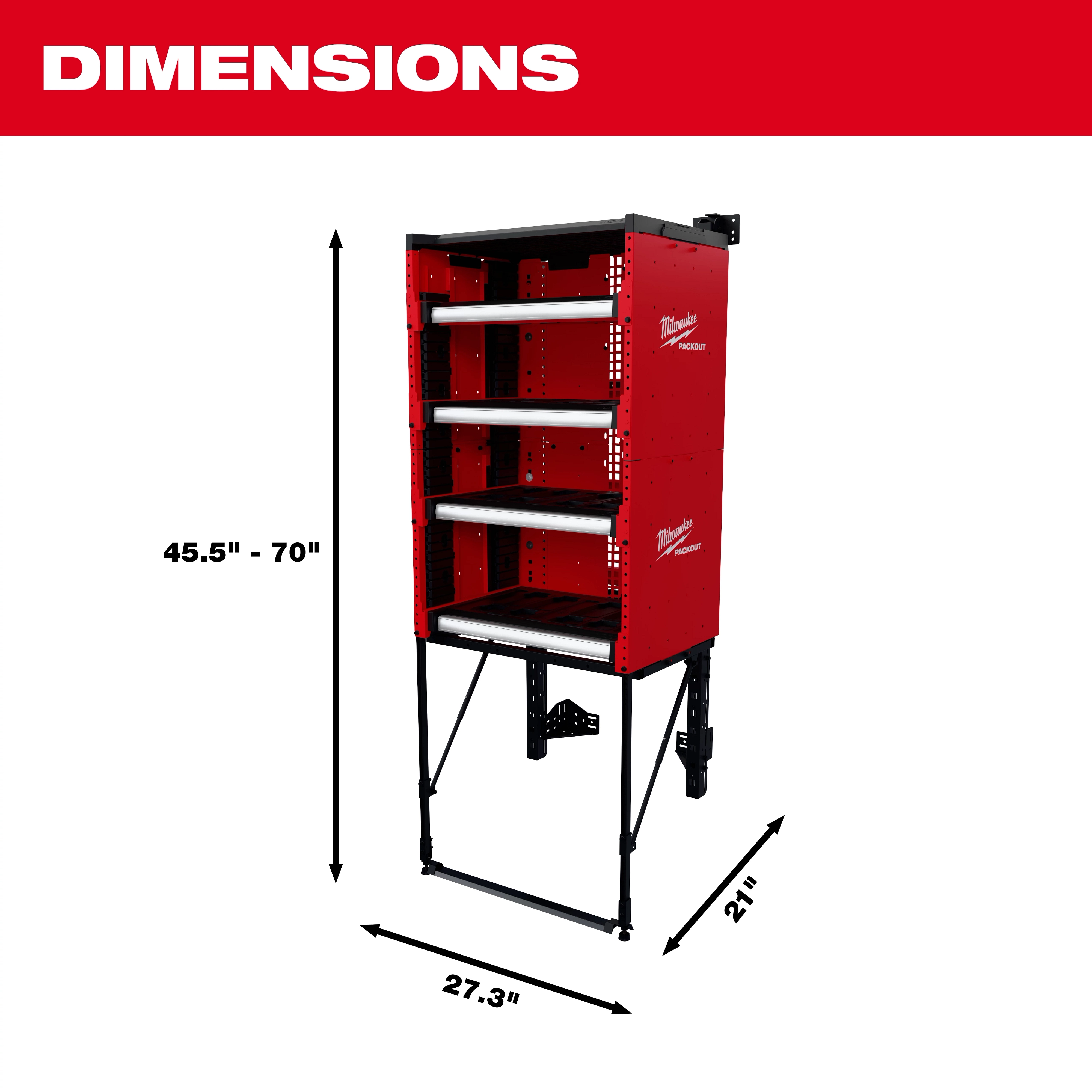 The PACKOUT™ Rack Kit is a red storage unit with adjustable dimensions: height from 45.5" to 70", width of 27.3", and depth of 21". It features multiple shelves for tool organization and displays the Milwaukee PACKOUT™ logo on its side.