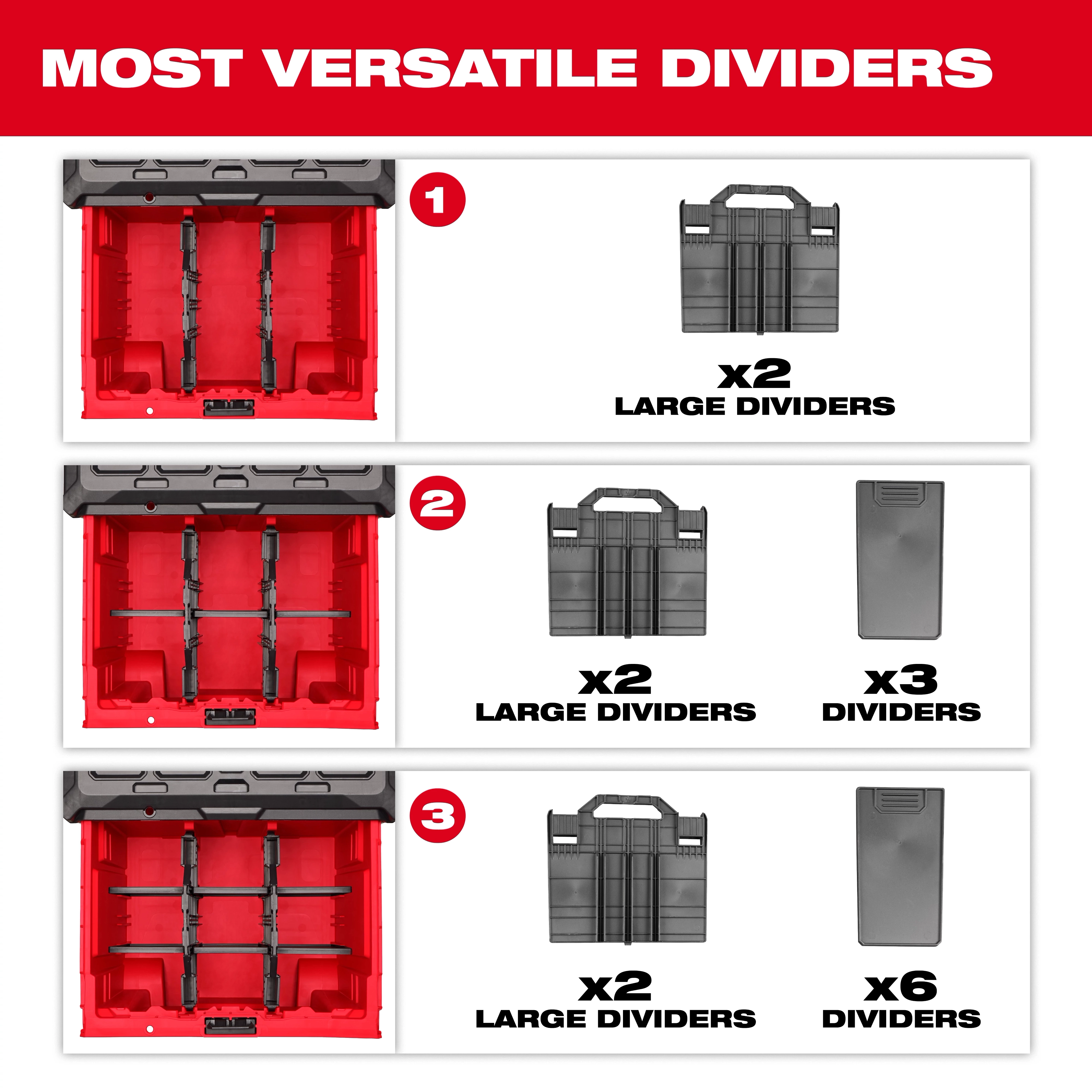 This image displays three configurations of dividers for the PACKOUT™ Rolling Drawer Tool Box. Configuration 1 shows two large dividers, configuration 2 includes two large dividers and three smaller dividers, and configuration 3 has two large dividers and six smaller dividers.