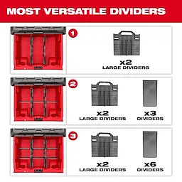 This image displays three configurations of dividers for the PACKOUT™ Rolling Drawer Tool Box. Configuration 1 shows two large dividers, configuration 2 includes two large dividers and three smaller dividers, and configuration 3 has two large dividers and six smaller dividers.