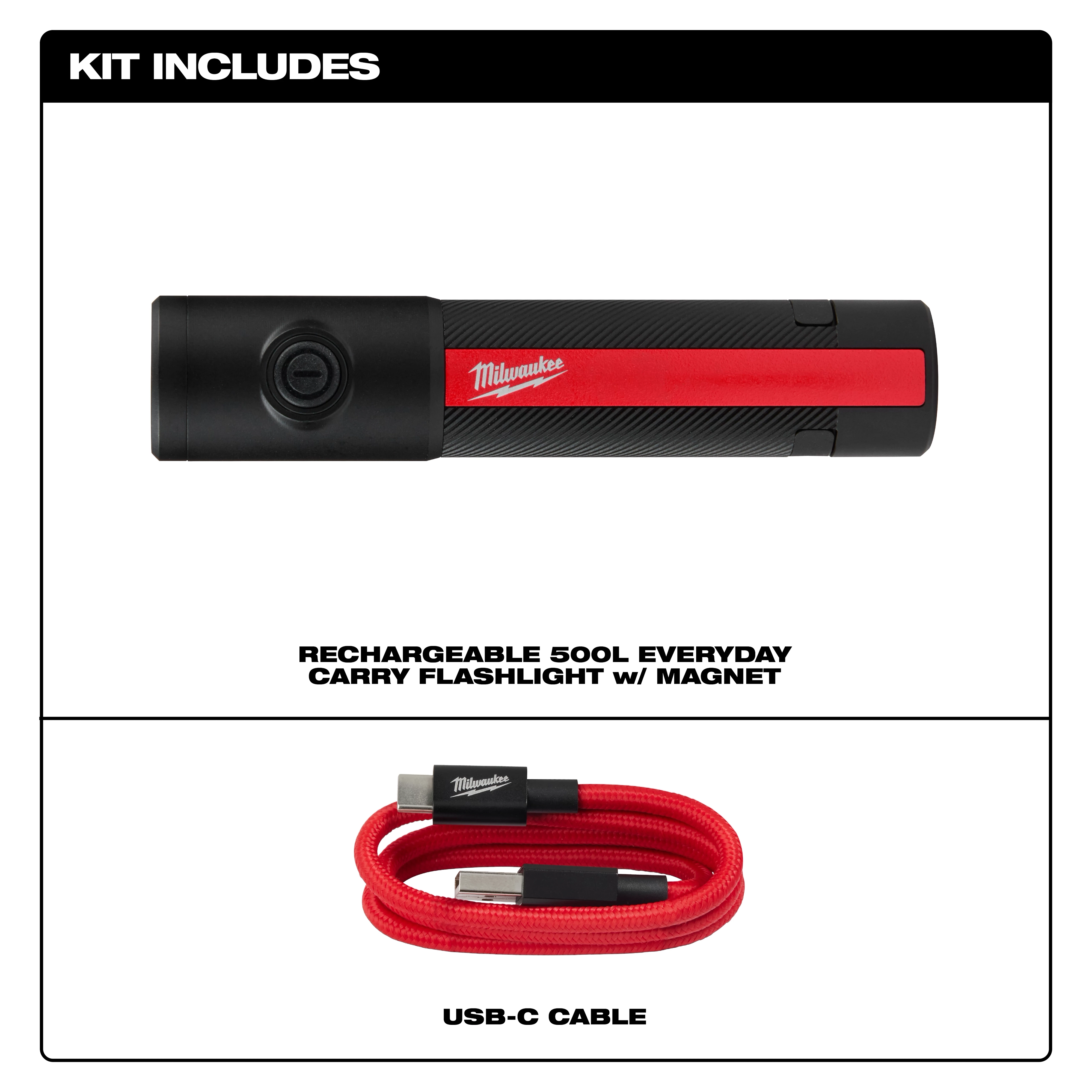This image shows the Milwaukee® Rechargeable 500L Everyday Carry Flashlight w/ Magnet, which includes a compact flashlight and a red USB-C cable for charging.