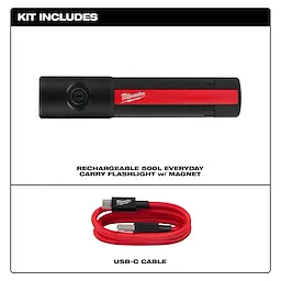 This image shows the Milwaukee® Rechargeable 500L Everyday Carry Flashlight w/ Magnet, which includes a compact flashlight and a red USB-C cable for charging.