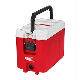 The PACKOUT™ 16QT Compact Cooler, manufactured by Milwaukee, is a red and white cooler with a black carry handle and secure latch. It features a sturdy design and is suitable for keeping beverages and food items cold.