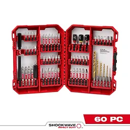 The image shows an open red case containing the SHOCKWAVE™ Impact Duty Drill & Drive Set - 60PC. The set includes various drill bits and driver bits organized neatly in rows. The bottom right corner of the image displays the text "60 PC".