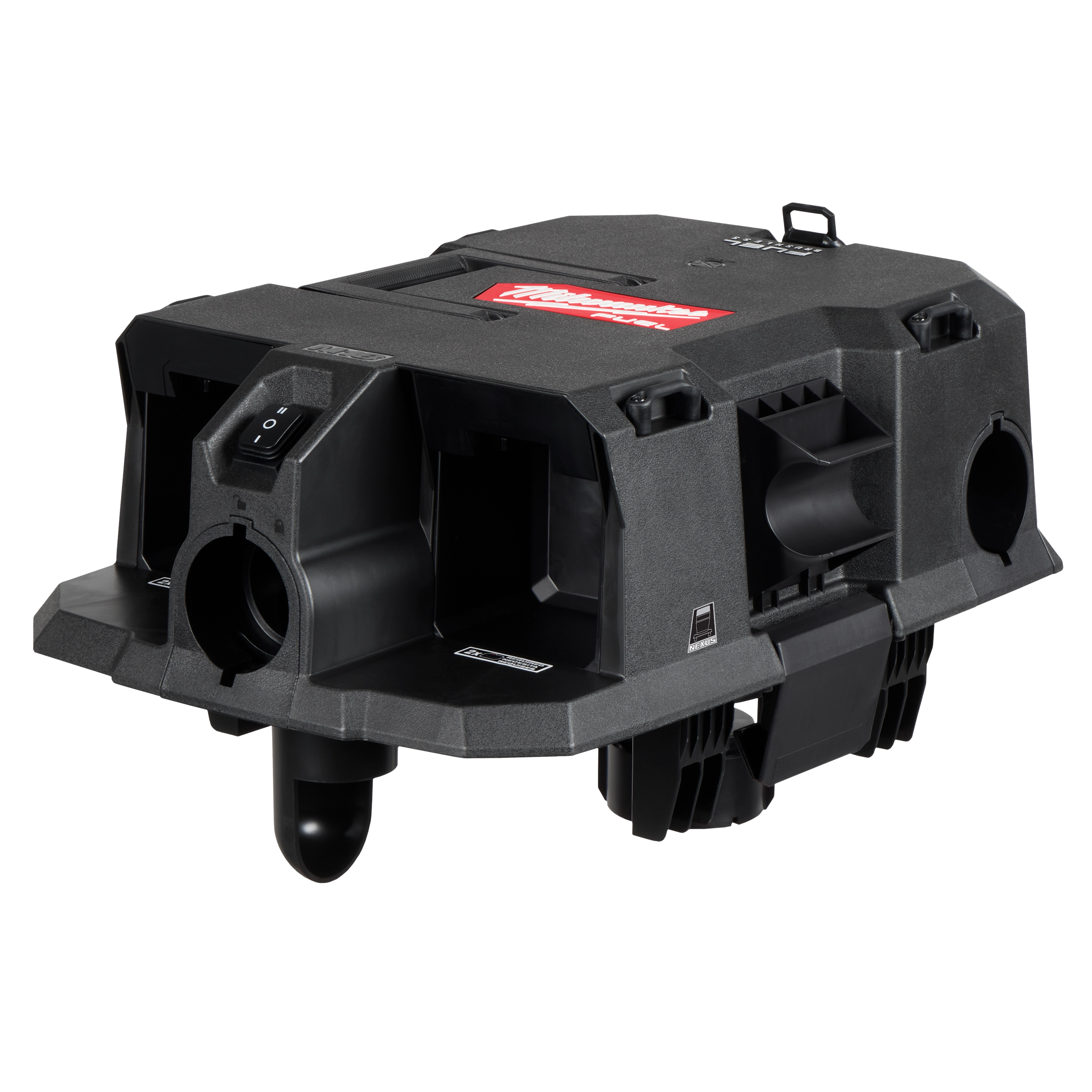 Milwaukee Air Tip Dust Collector features a robust black plastic construction with a rectangular design and multiple hose inlets. The Milwaukee logo in red is visible on top. This tool is used for collecting dust in various industrial and worksite applications.