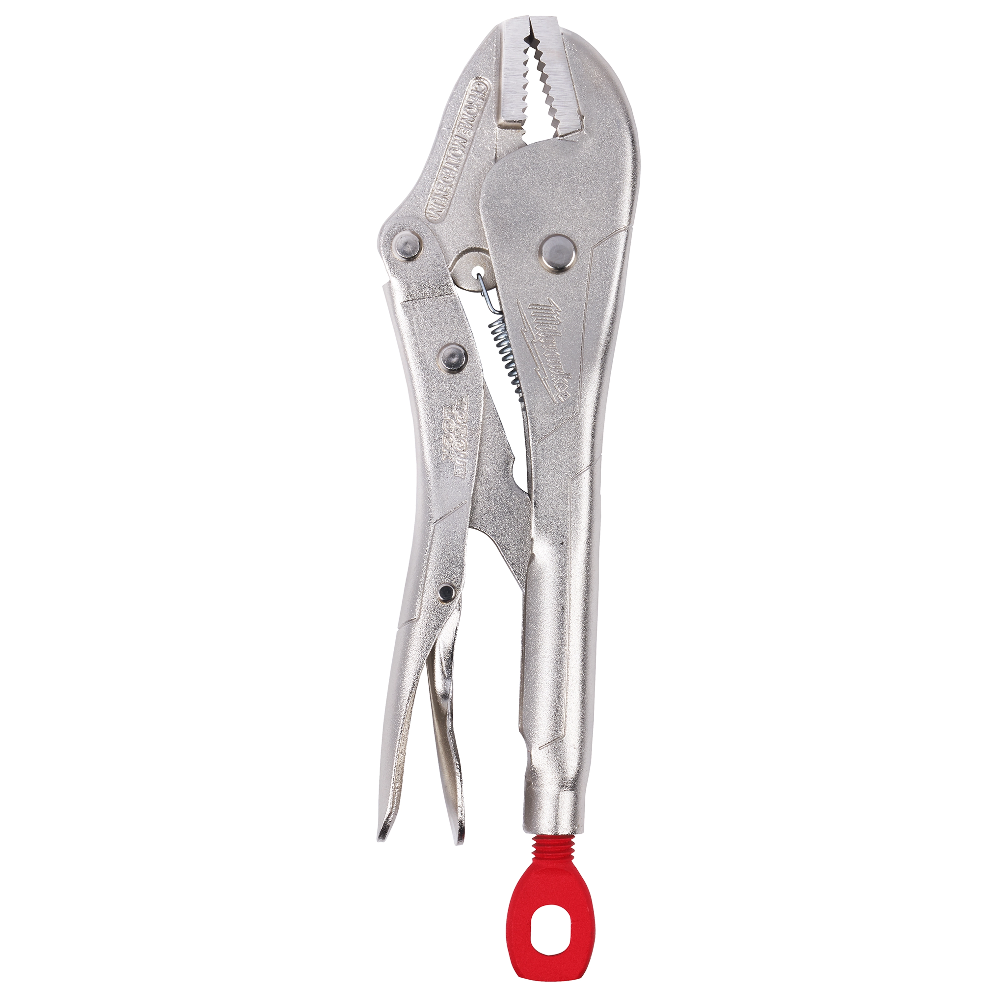 The 7” TORQUE LOCK™ Straight Jaw Locking Pliers are silver with a red adjustment screw. They feature a straight jaw for secure gripping, a locking mechanism, and a release lever for easy use.
