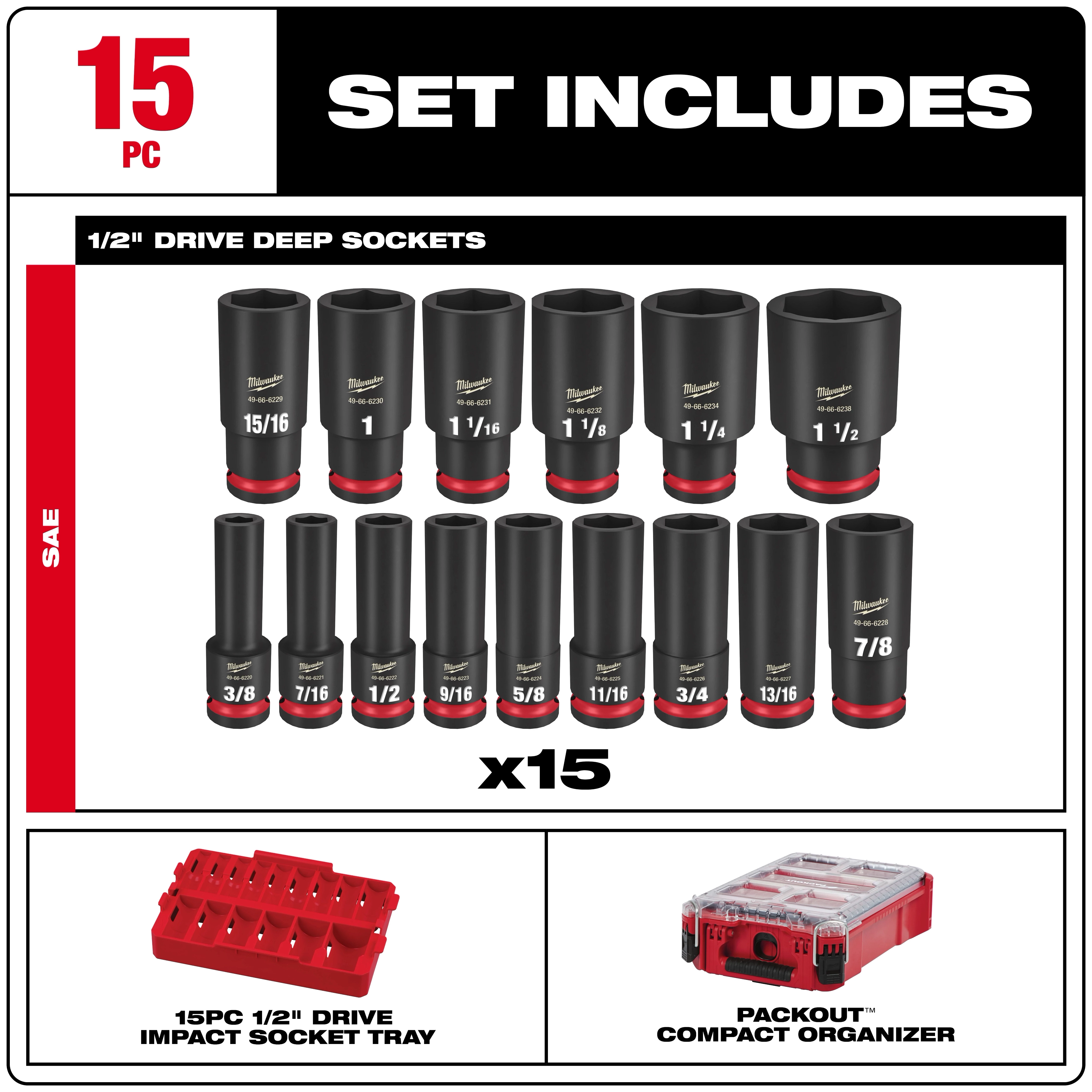 SHOCKWAVE Impact Duty 1/2 in. Drive SAE Deep Well Impact PACKOUT Socket Set 15 Piece