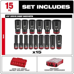 SHOCKWAVE Impact Duty 1/2 in. Drive SAE Deep Well Impact PACKOUT Socket Set 15 Piece