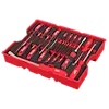 The image shows a 17PC Screwdriver & Pry Bar Set with Tray for PACKOUT™ Drawers. The set includes various sizes of red-handled screwdrivers and pry bars, neatly organized in a red tray, designed to fit PACKOUT™ storage drawers.