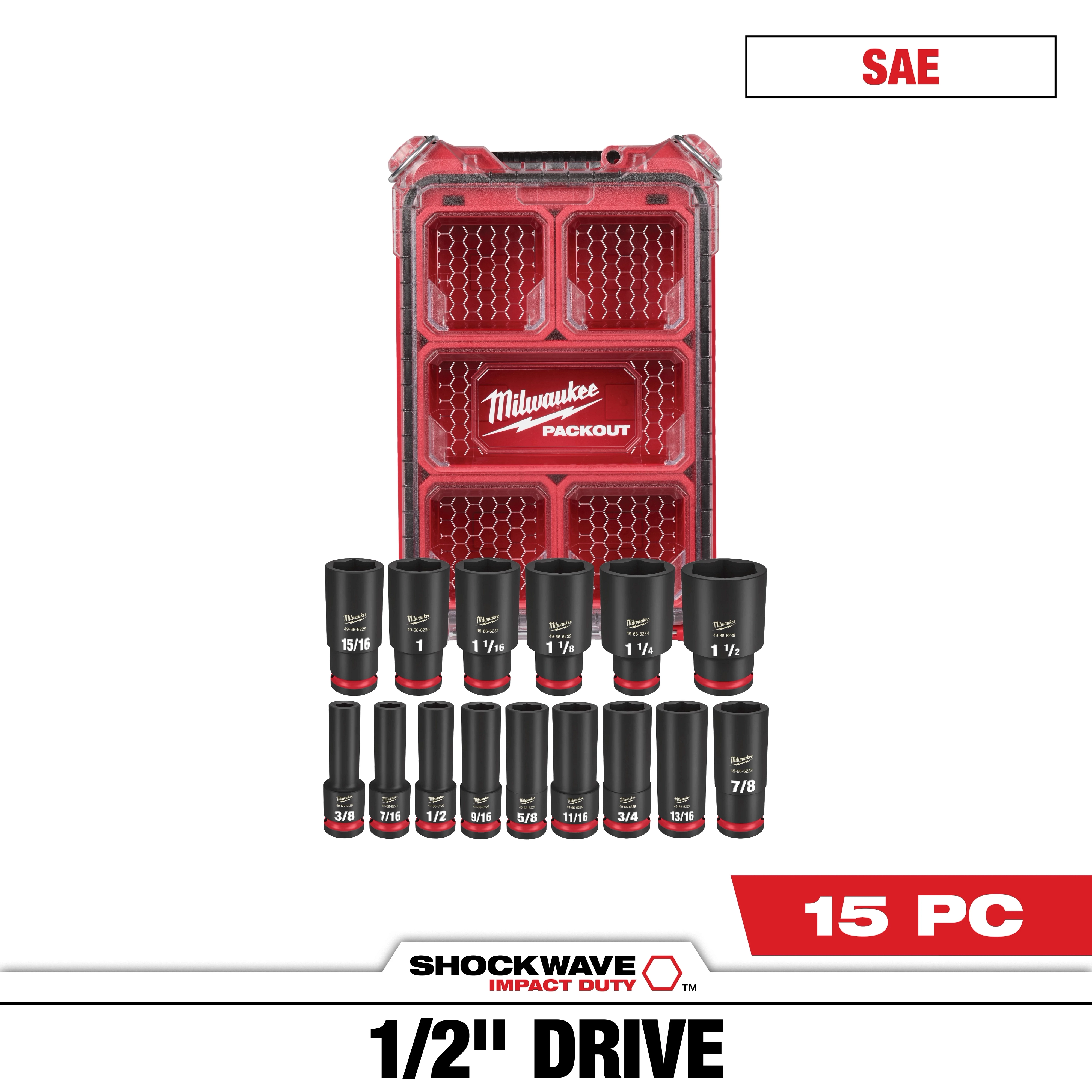 SHOCKWAVE Impact Duty 1/2 in. Drive SAE Deep Well Impact PACKOUT Socket Set  15 Piece