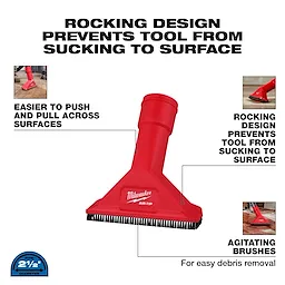 Image of a red Milwaukee AIR-TIP™ 2-1/2" Rocking Utility Nozzle w/ Brushes. The nozzle features a rocking design to prevent it from sticking to surfaces, is easier to push and pull, and has agitating brushes for debris removal. The design fits 2-1/2" diameter hoses.