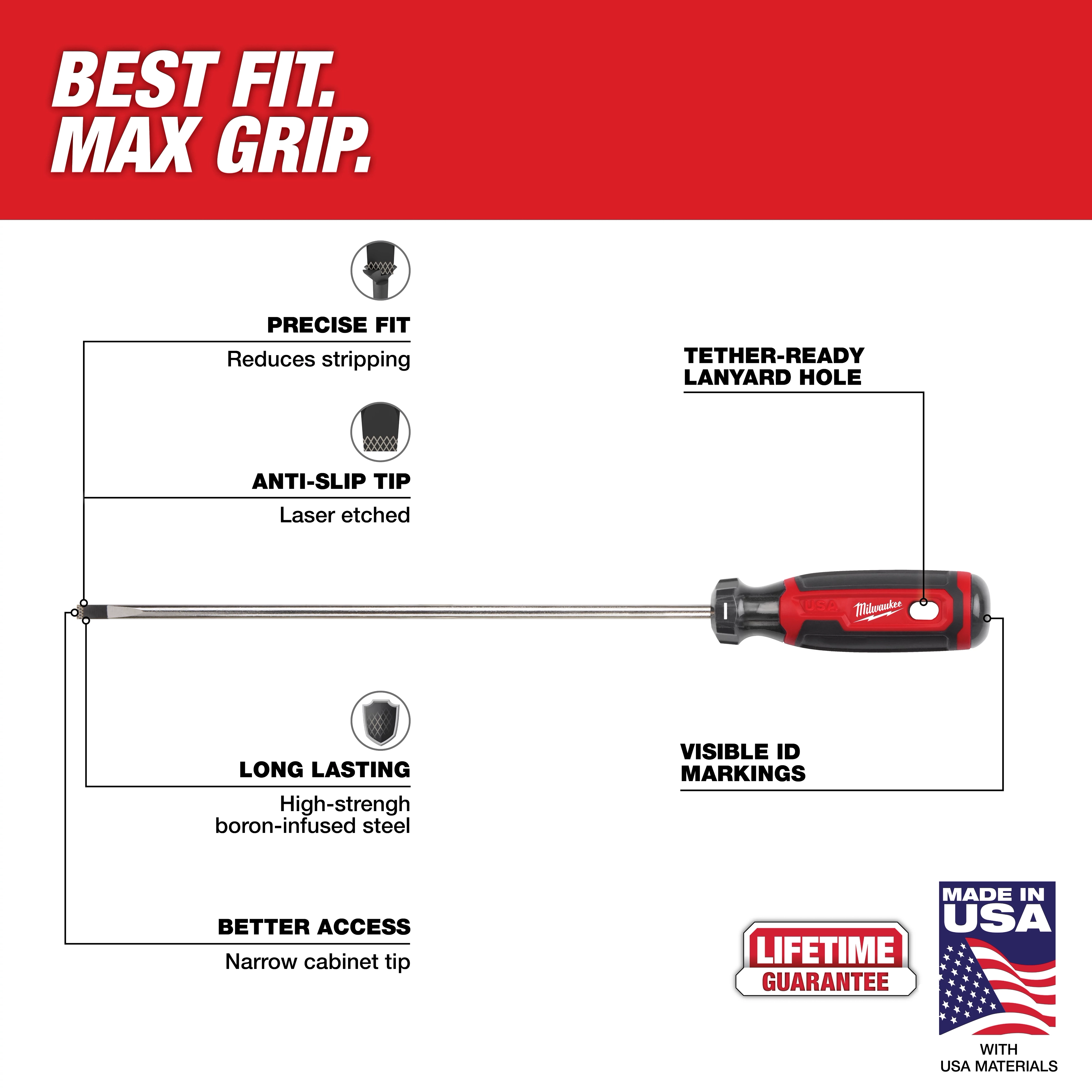 1/4" Cabinet 10" Cushion Grip Screwdriver (USA) with anti-slip laser-etched tip, tether-ready lanyard hole, boron-infused steel, and narrow tip.