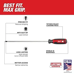 1/4" Cabinet 10" Cushion Grip Screwdriver (USA) with anti-slip laser-etched tip, tether-ready lanyard hole, boron-infused steel, and narrow tip.