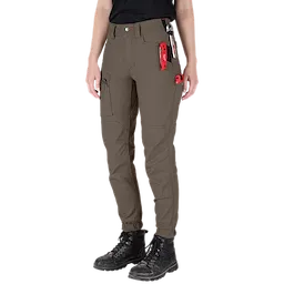 A person is wearing Women's GRIDIRON™ Double Knee Jogger Pants - Brown. The pants have multiple pockets and tools attached, such as a red utility knife, and are paired with black boots.
