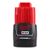 The image shows a Milwaukee M12 RED LITHIUM CP 2.0 battery pack. It is black and red, with the brand name "Milwaukee" and the product name clearly printed on the front. The battery pack is designed for use with Milwaukee M12 power tools.