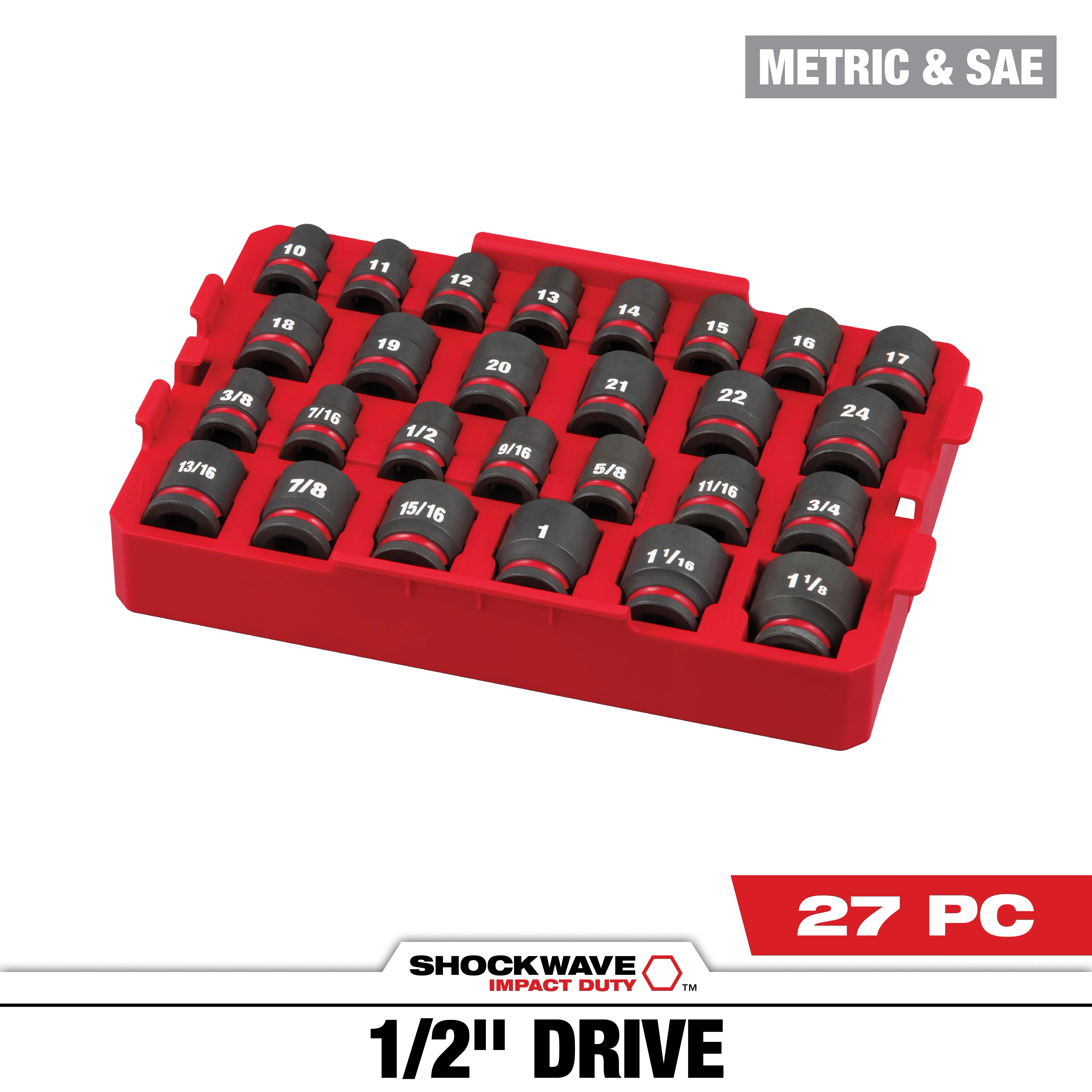 SHOCKWAVE Impact Duty 1/2 in. Drive Metric and SAE Standard Impact Socket Set includes 27 pieces. The image displays black sockets in various sizes, arranged in a red carrying case, designed for heavy-duty impact applications. The set offers a range of both metric and SAE sizes for versatile use.