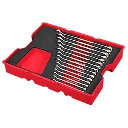 A 15PC Metric Combination Wrench Set with Tray for PACKOUT™ Drawers. The set includes 15 wrenches neatly organized in a black and red tray, designed to fit securely in PACKOUT™ drawers.