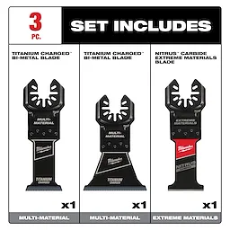 The image displays the OPEN-LOK™ 3 PC Multi-Material Oscillating Multi-Tool Blade Set. It includes two titanium charged bi-metal blades for multi-material use and one nitrus carbide blade for extreme materials. Each blade is labeled and shown with their respective names and usage indications.