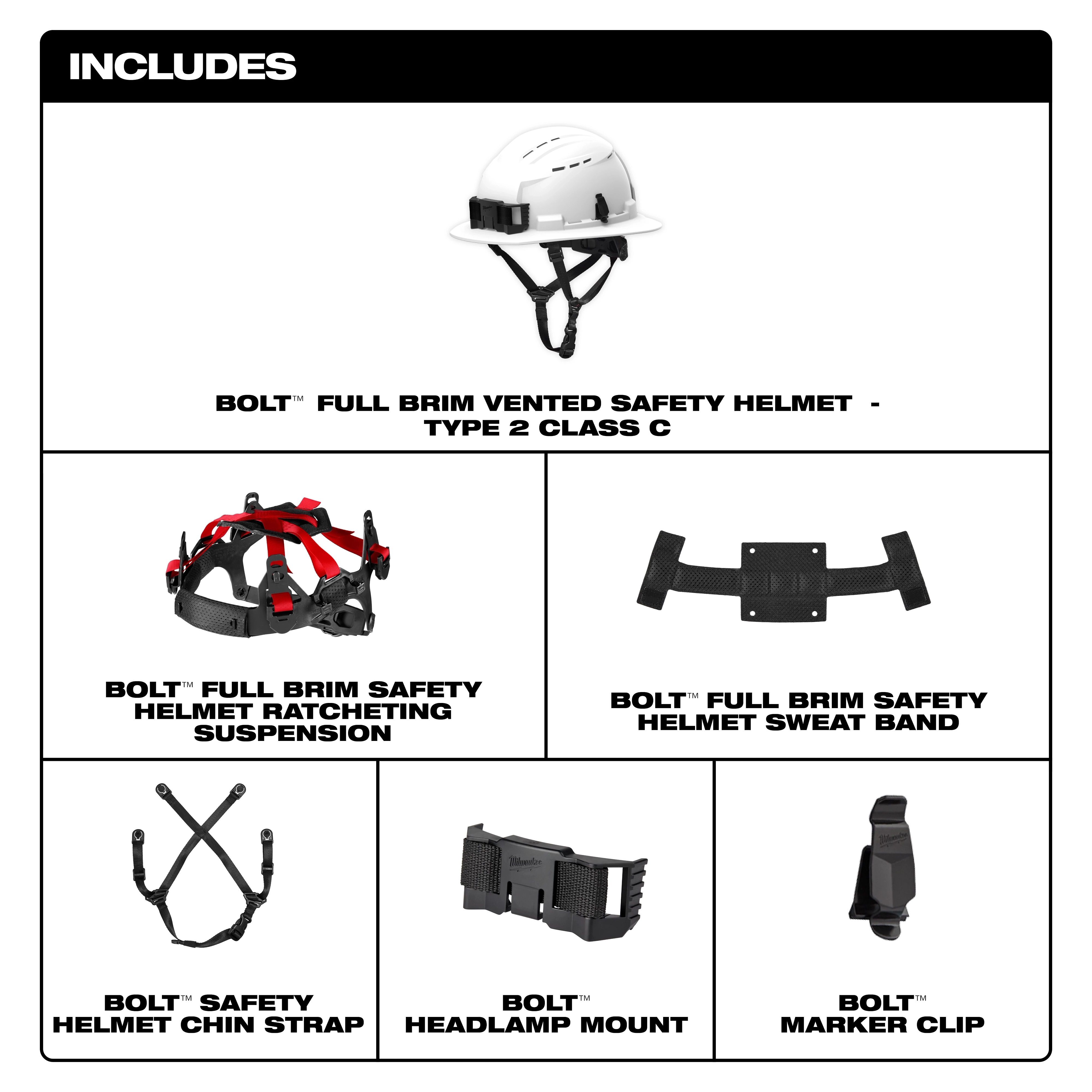 BOLT™ Full Brim Vented Safety Helmet – Type 2, Class C includes a helmet, ratcheting suspension, sweat band, chin strap, headlamp mount, and marker clip. The image shows each component separately with labels.