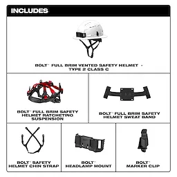 BOLT™ Full Brim Vented Safety Helmet – Type 2, Class C includes a helmet, ratcheting suspension, sweat band, chin strap, headlamp mount, and marker clip. The image shows each component separately with labels.