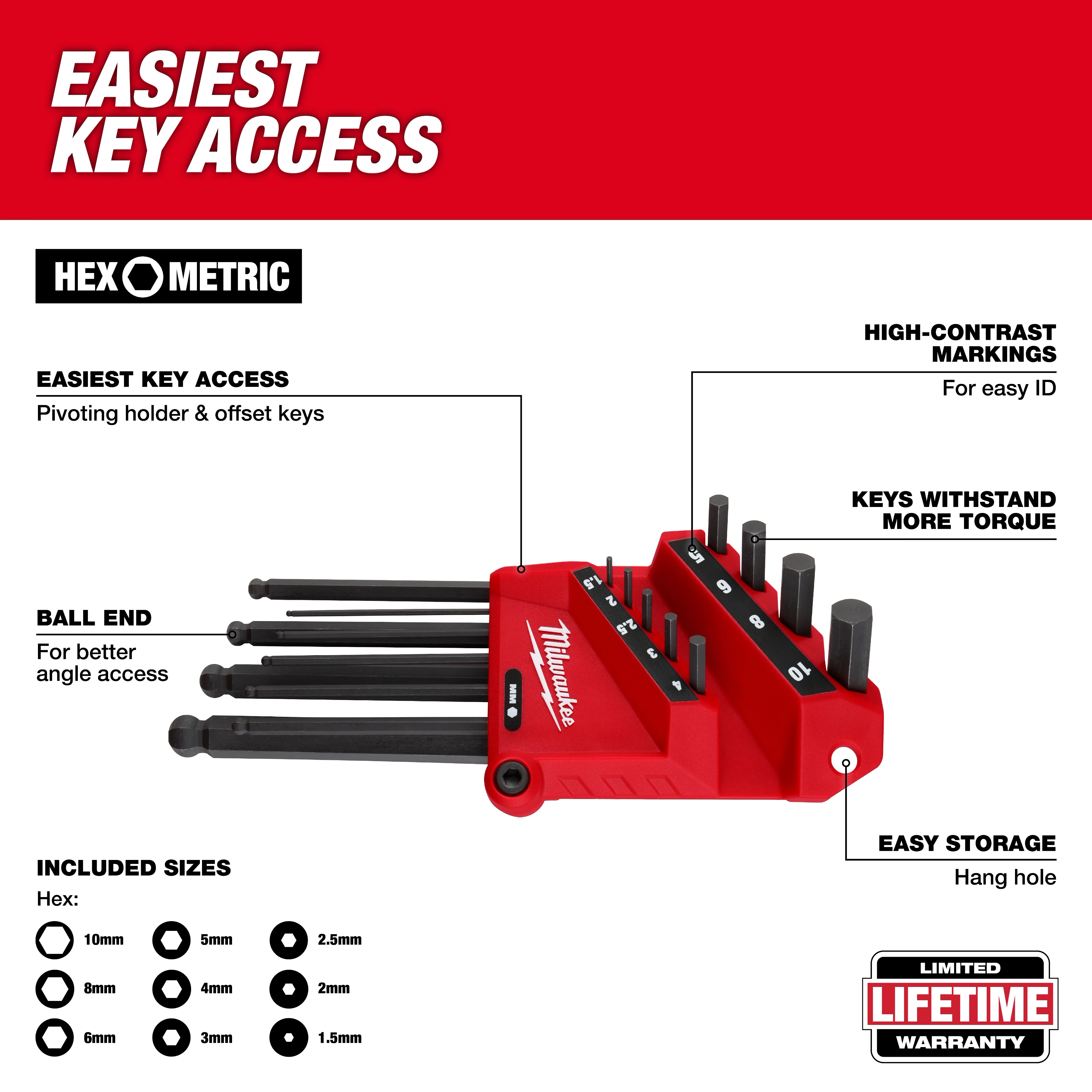 The 9-Key Ball End L-Key Set - Metric features a red, pivoting holder, high-contrast markings, and includes 10mm to 1.5mm sizes.