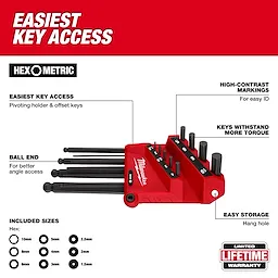 The 9-Key Ball End L-Key Set - Metric features a red, pivoting holder, high-contrast markings, and includes 10mm to 1.5mm sizes.