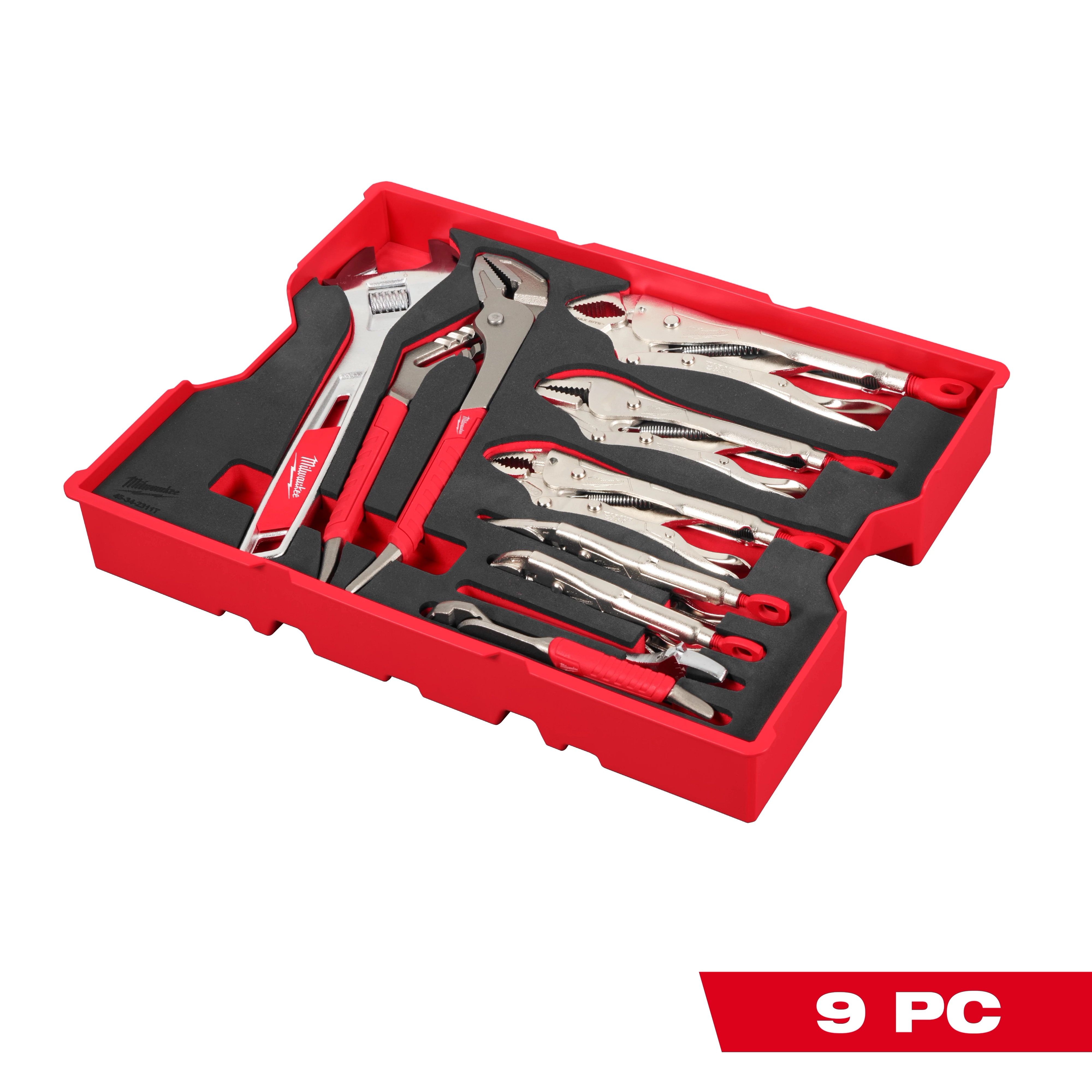The 9pc. Pliers & Wrench Set with Tray for PACKOUT™ Drawers includes various pliers and wrenches organized in a red tray with black padding. Each tool has red handles and comes in different sizes. The set is designed to fit perfectly in PACKOUT™ storage drawers.