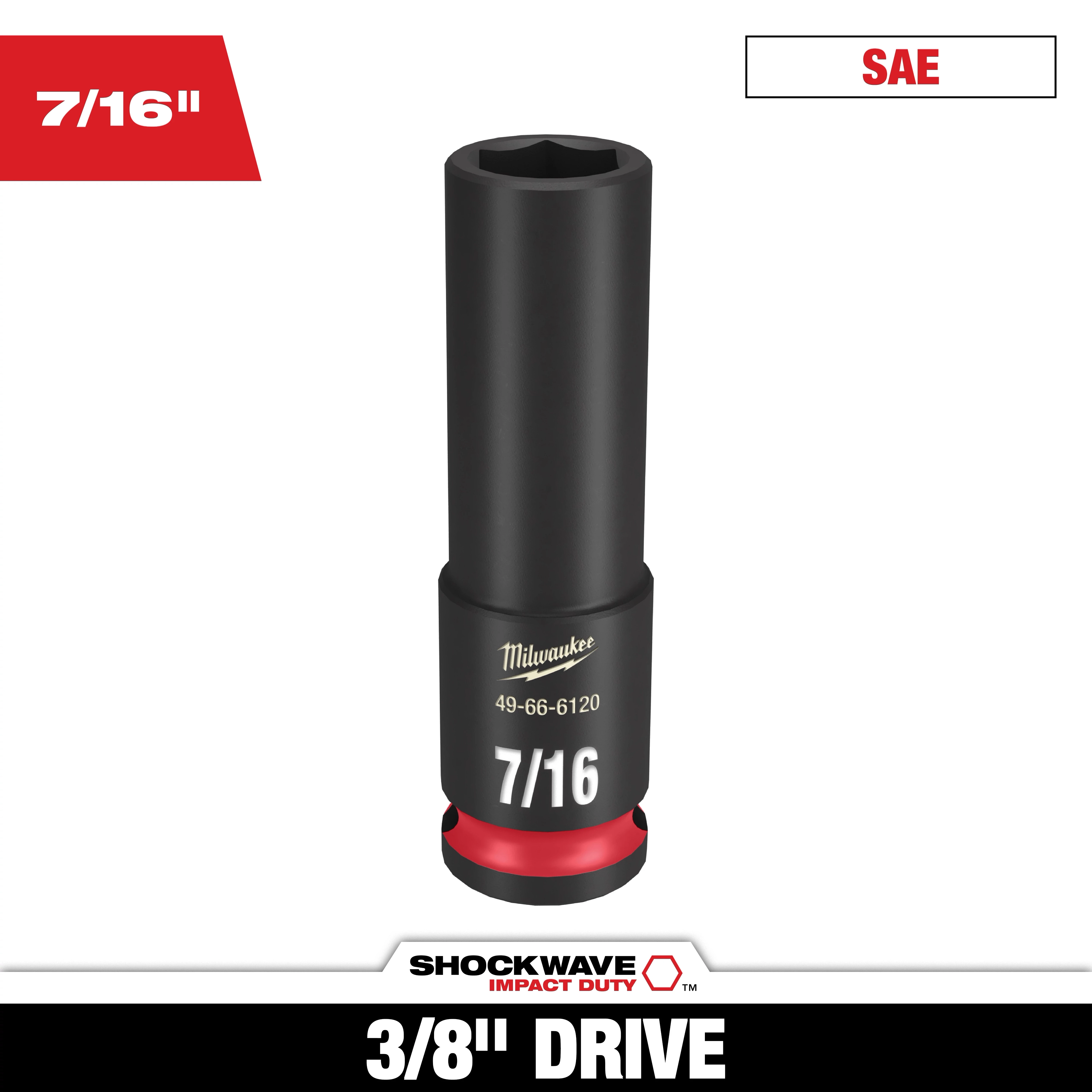 Milwaukee SHOCKWAVE 3/8 in. Drive 7/16 in. Deep 6 Point Impact Socket 1 Pack. The black socket features size and brand in white text, with a red accent. It is suitable for SAE measurements and designed for heavy-duty use.