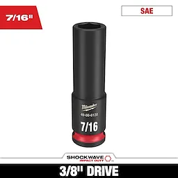 Milwaukee SHOCKWAVE 3/8 in. Drive 7/16 in. Deep 6 Point Impact Socket 1 Pack. The black socket features size and brand in white text, with a red accent. It is suitable for SAE measurements and designed for heavy-duty use.