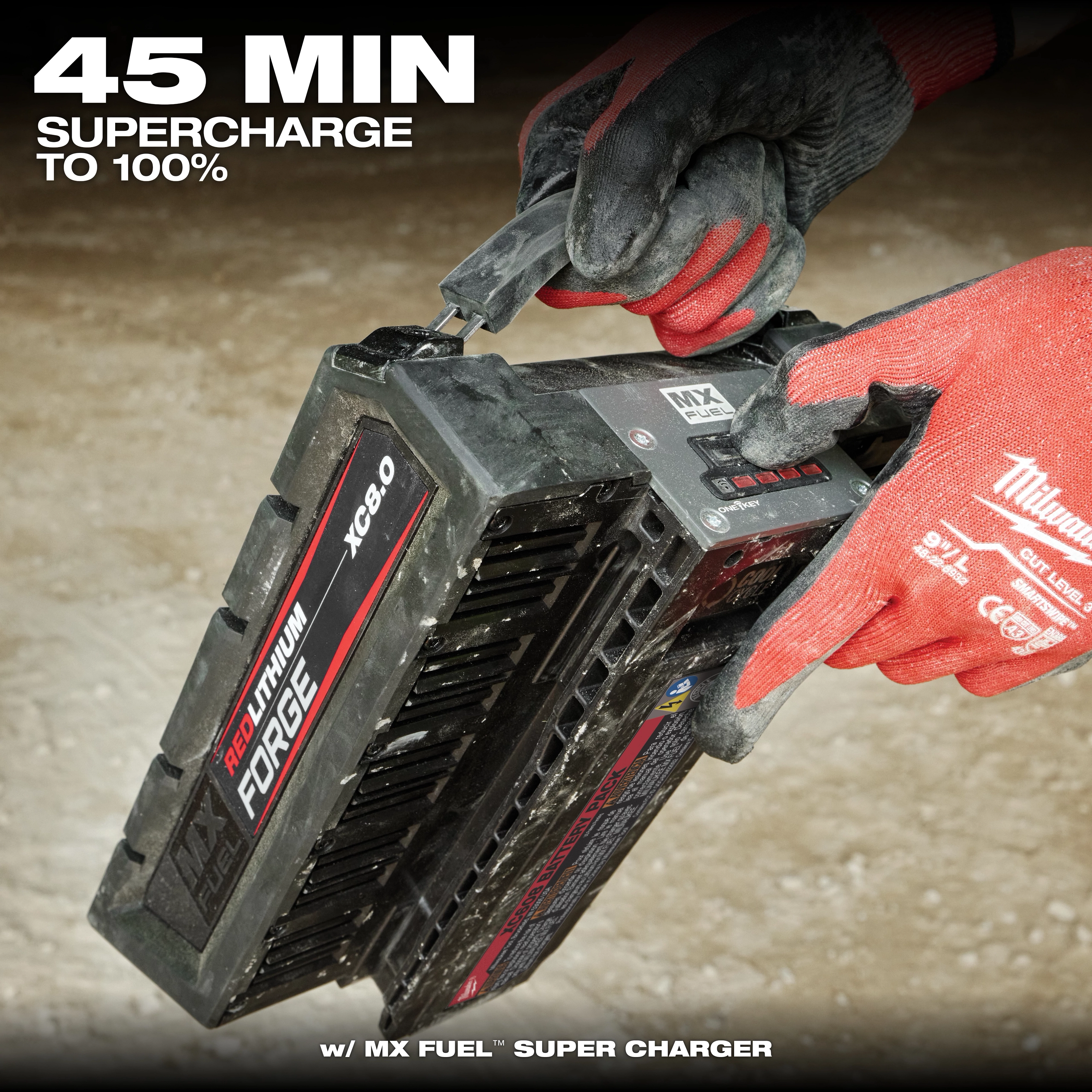 A person wearing red gloves inserts the MX FUEL™ REDLITHIUM™ FORGE™ XC8.0 BATTERY PACK into a charger. Text above reads "45 MIN SUPERCHARGE TO 100%." The battery pack is black with red and white labeling.