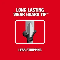 Image showcasing the Milwaukee bit with a "Long Lasting Wear Guard Tip" that offers less stripping. The tip's durability is emphasized with a close-up illustration of the bit on a red background.