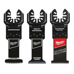The MILWAUKEE® OPEN-LOK™ All-Purpose Multi-Tool Blade Variety Pack 3PC includes three blades: Hardwood Pro-Curve blade, Multi-Material Titanium Charged blade, and Extreme Metal Nitrus Carbide blade. Each blade is designed for specific cutting applications and has a unique edge and construction.