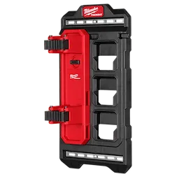 PACKOUT Compact Wall Plate in black and red with four square slots and locking mechanisms designed for tool and accessory storage.