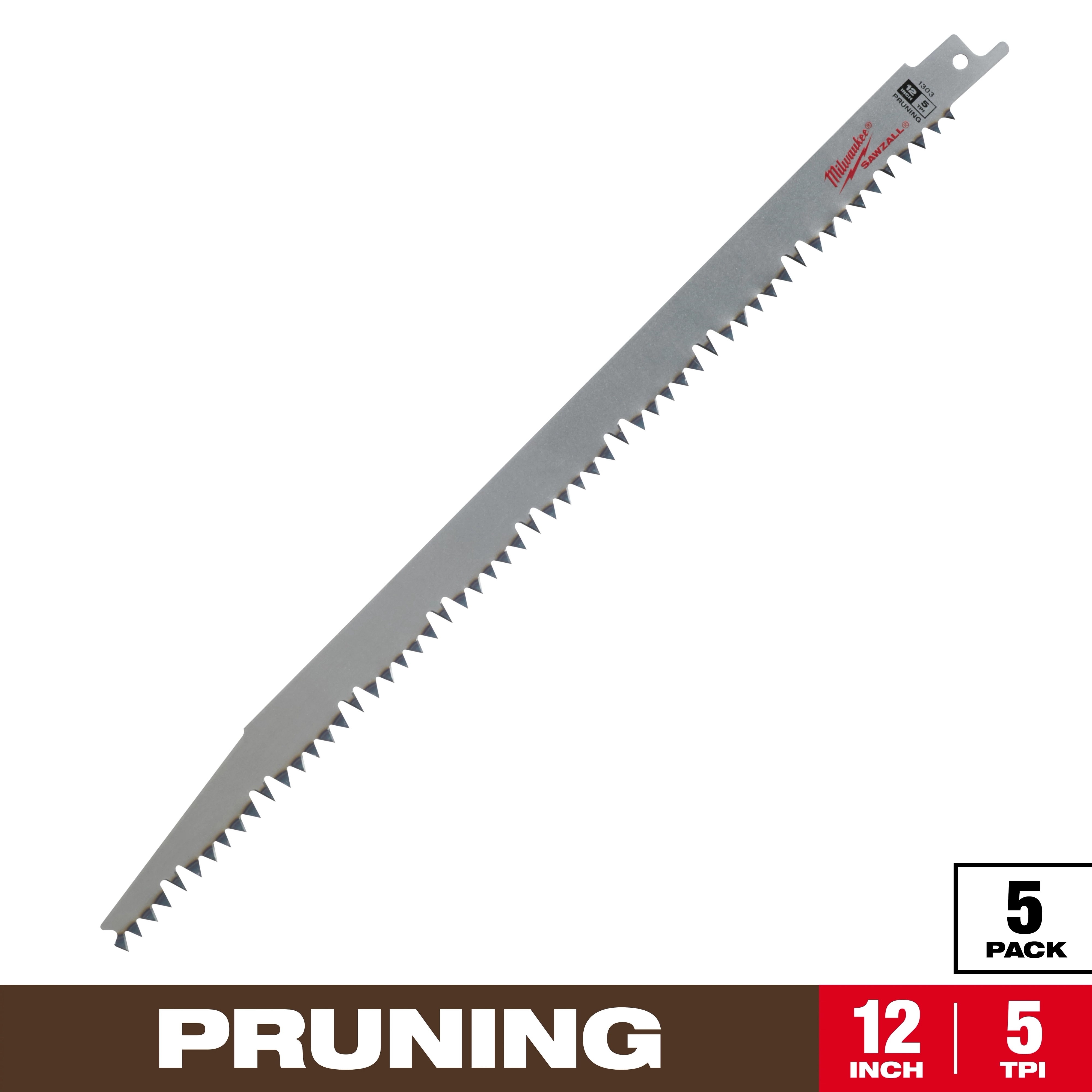 The Milwaukee pruning blade is a 12-inch saw blade with 5 TPI (teeth per inch), designed for efficient cutting. Packaged in a set of five, it features sharp, durable teeth for effective pruning tasks. The blade is light gray with a red Milwaukee logo on the upper right side.