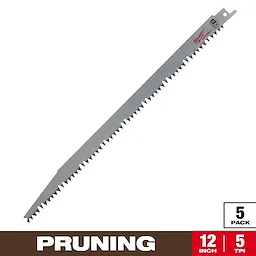The Milwaukee pruning blade is a 12-inch saw blade with 5 TPI (teeth per inch), designed for efficient cutting. Packaged in a set of five, it features sharp, durable teeth for effective pruning tasks. The blade is light gray with a red Milwaukee logo on the upper right side.