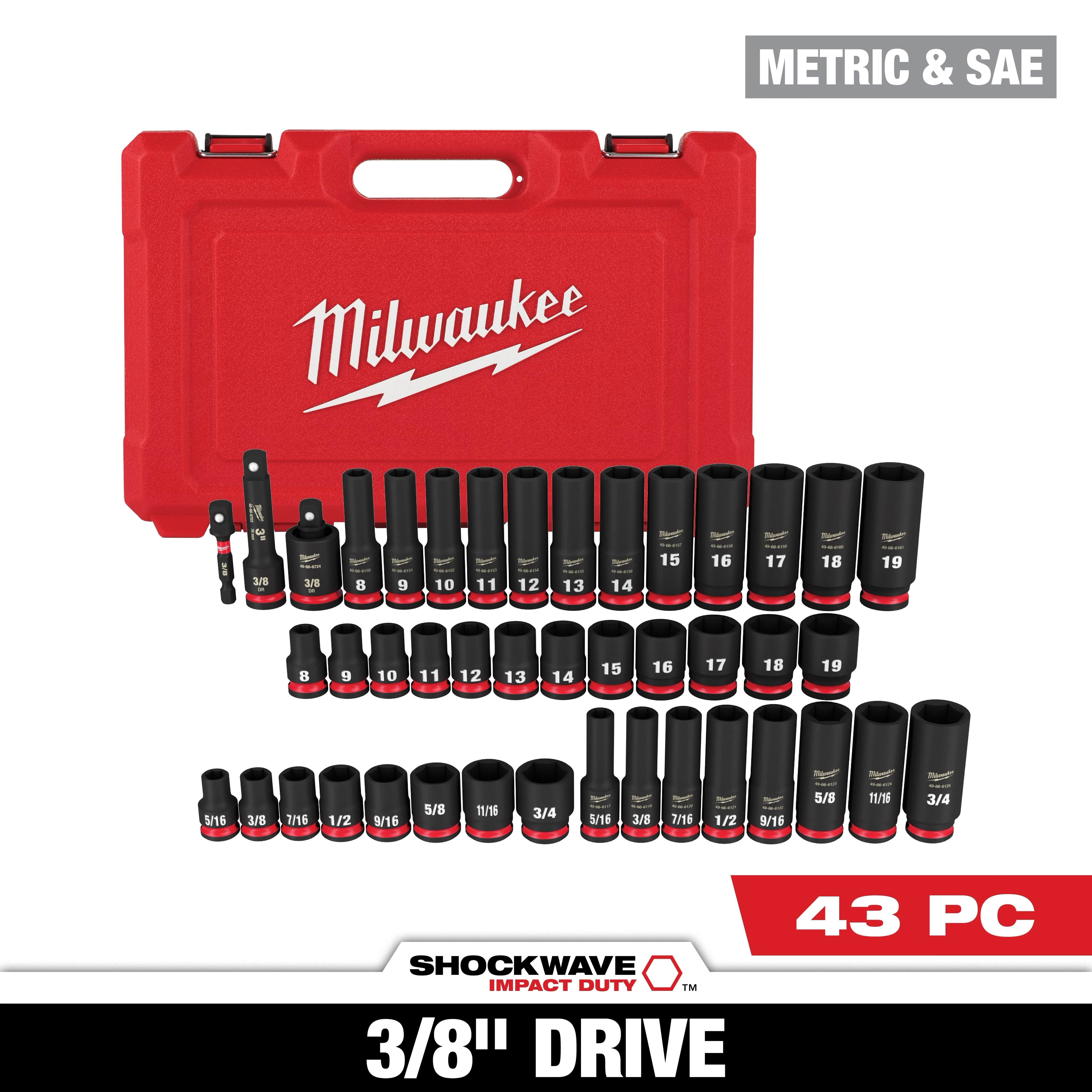 The SHOCKWAVE 3/8 in. Drive SAE and Metric 6 Point Impact Socket Set (43-Piece) includes sockets with a black finish and red bands, displayed with a red Milwaukee carrying case. The set features both SAE and metric sizes.