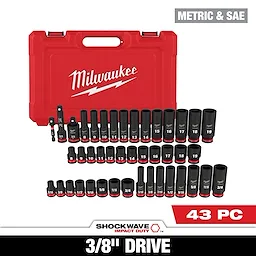 The SHOCKWAVE 3/8 in. Drive SAE and Metric 6 Point Impact Socket Set (43-Piece) includes sockets with a black finish and red bands, displayed with a red Milwaukee carrying case. The set features both SAE and metric sizes.