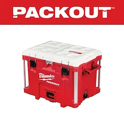 Milwaukee PACKOUT Primary%20Image is a red and white, durable tool storage box with a weather-sealed lid, and dual locking latches.